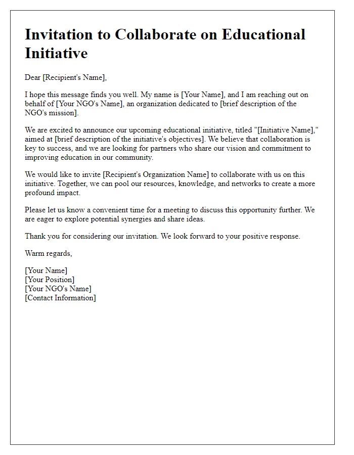 Letter template of collaboration invitation for educational initiative from NGO.