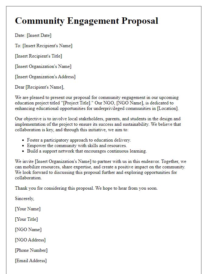 Letter template of community engagement proposal for NGO's education project.