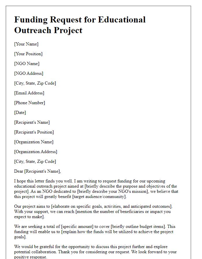 Letter template of funding request for educational outreach project by NGO.