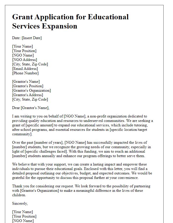 Letter template of grant application for NGO's educational services expansion.