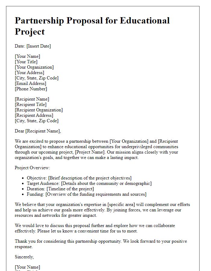 Letter template of partnership proposal for NGO's educational project.