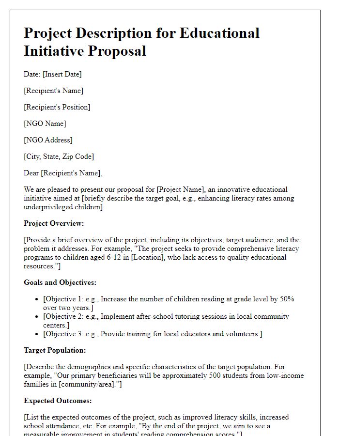 Letter template of project description for NGO's educational initiative proposal.