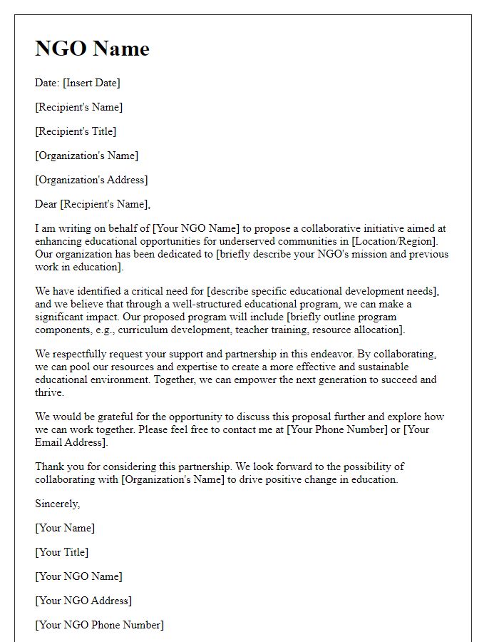 Letter template of proposal for NGO's educational program development.