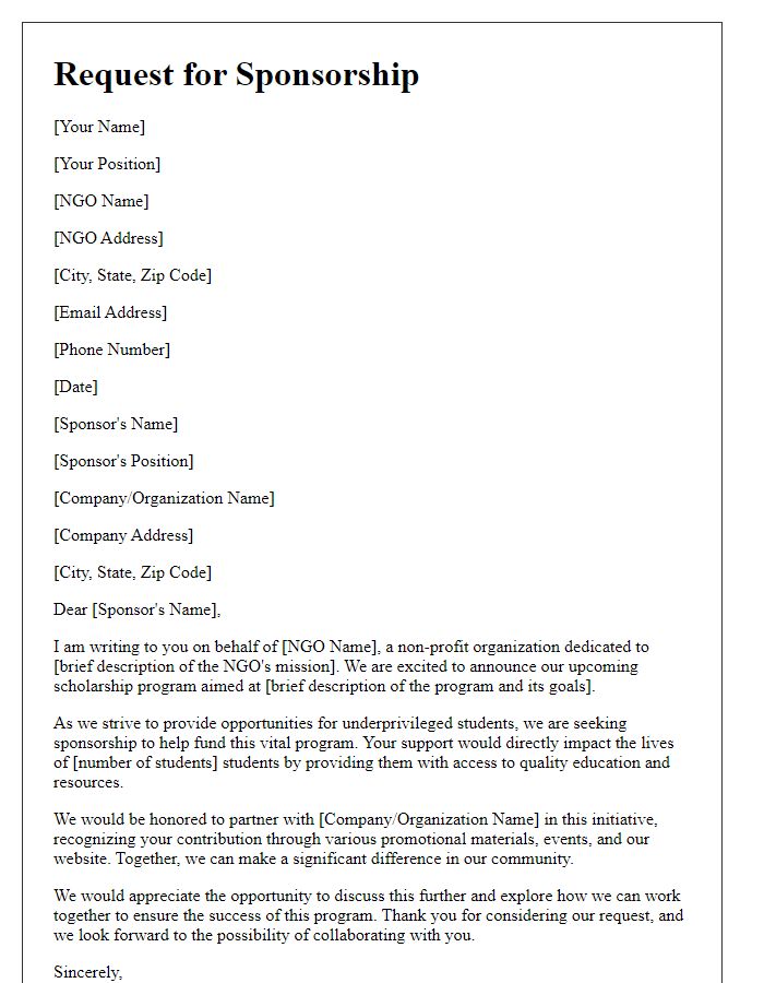 Letter template of sponsorship request for NGO's scholarship program.