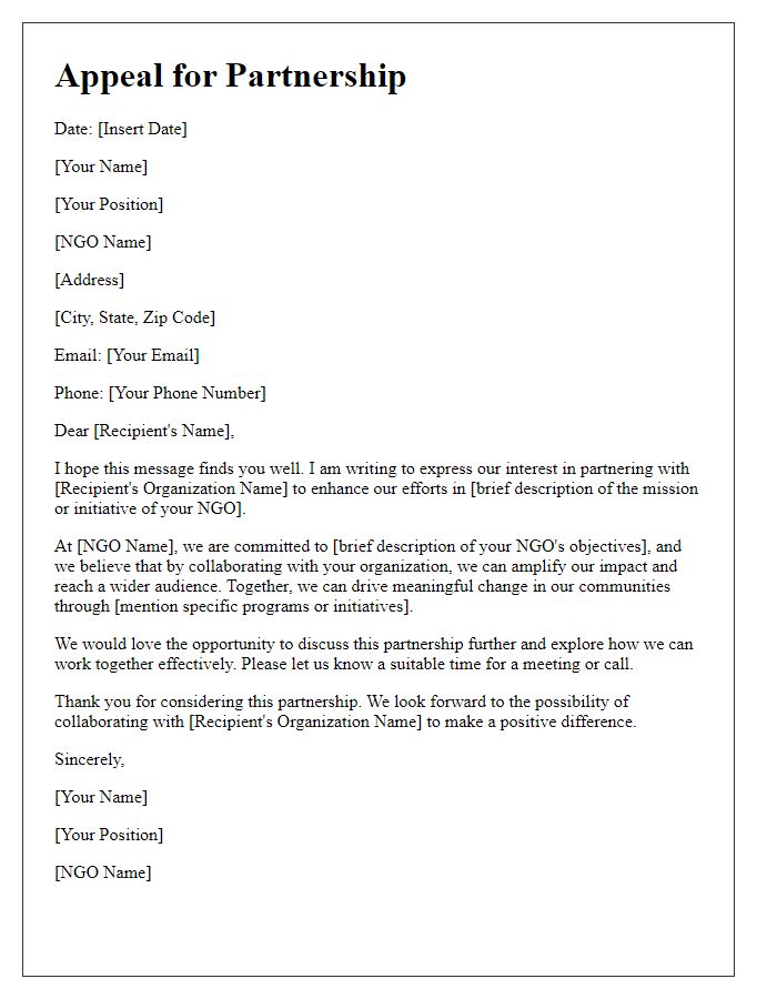 Letter template of appeal for NGO social platform partnership.