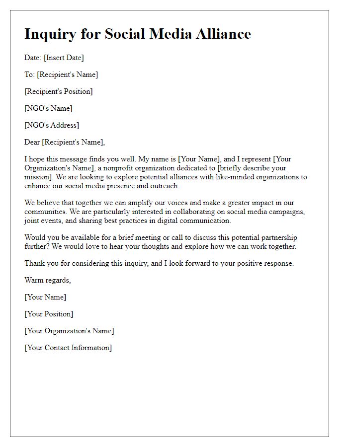 Letter template of inquiry for NGO social media alliance.