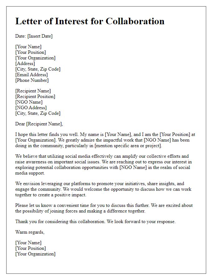 Letter template of interest for NGO social media support collaboration.