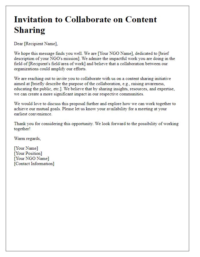 Letter template of invitation for NGO content sharing collaboration.