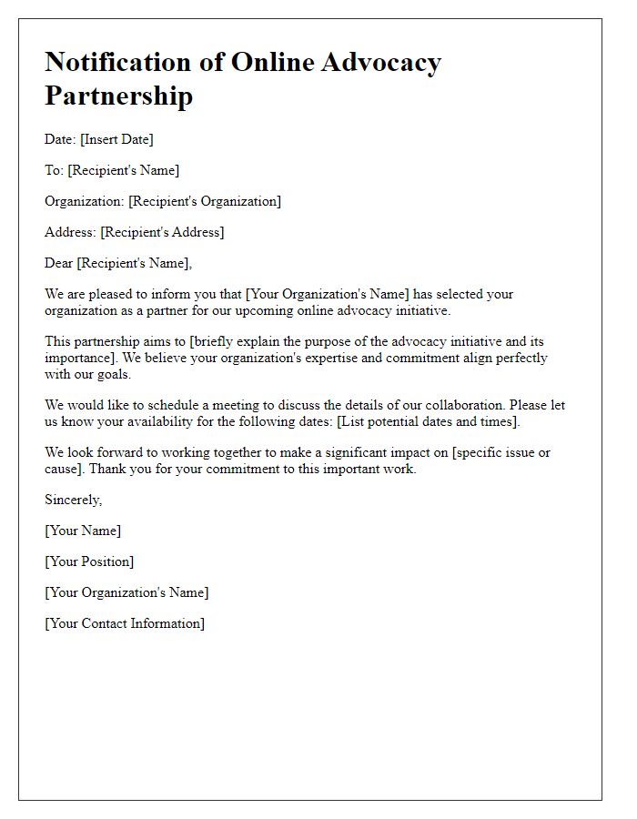 Letter template of notification for NGO online advocacy partnership.