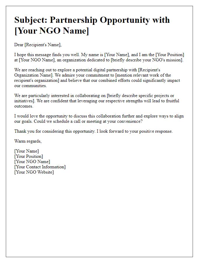 Letter template of outreach for NGO digital partnership.