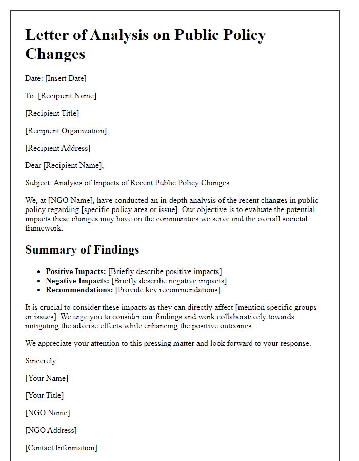 Letter template of NGO analysis on impacts of public policy changes