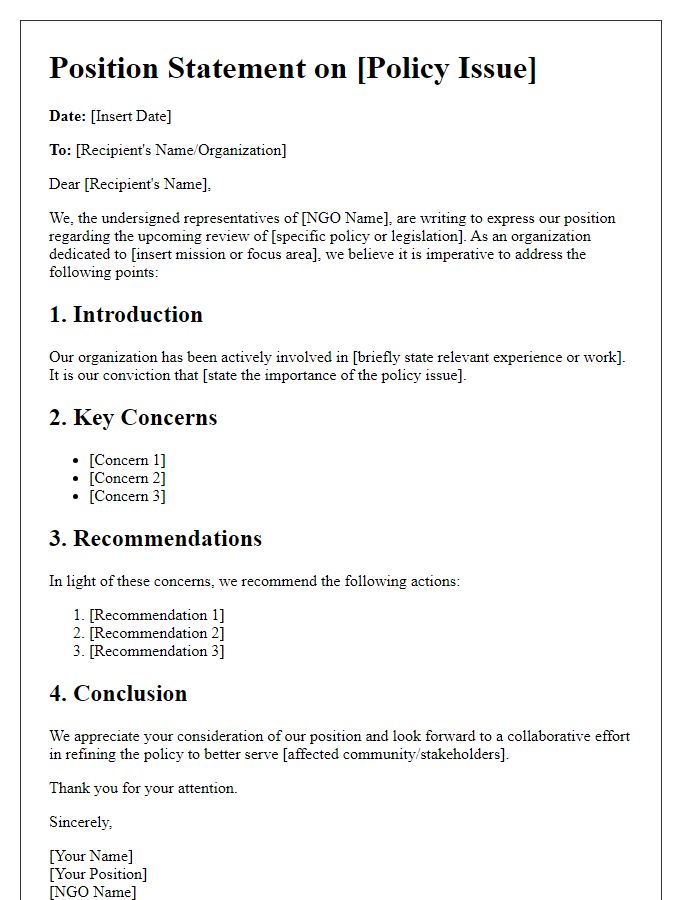 Letter template of NGO position statement for policy review