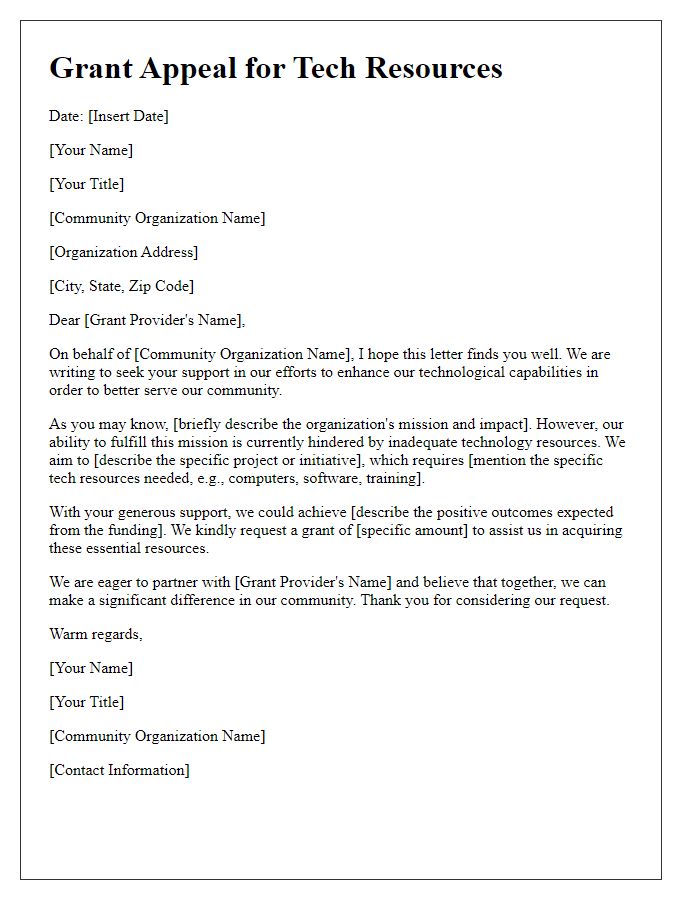 Letter template of community organization grant appeal for tech resources.