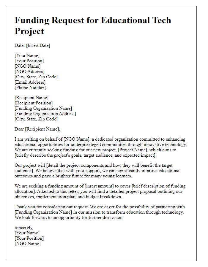 Letter template of educational NGO tech project funding request.