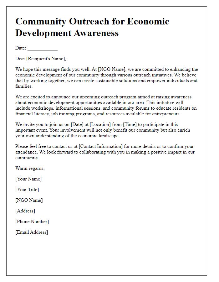 Letter template of NGO community outreach for economic development awareness