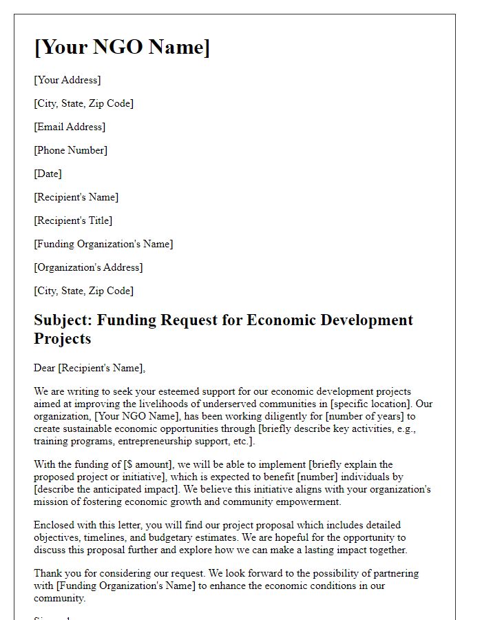 Letter template of NGO funding request for economic development projects