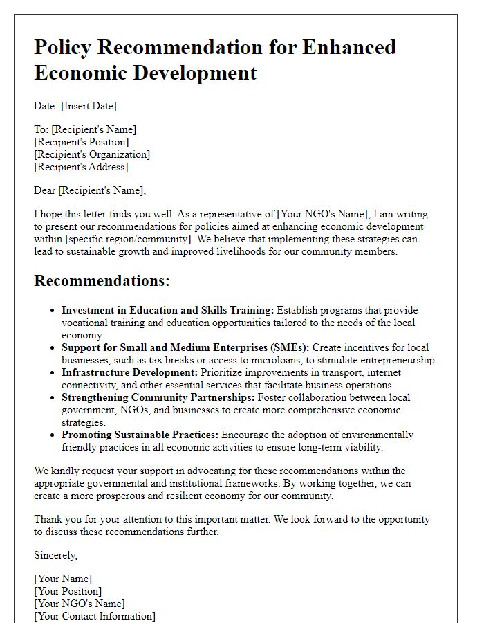 Letter template of NGO policy recommendation for enhanced economic development