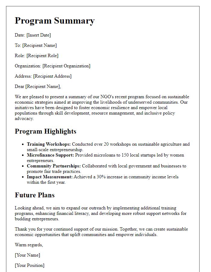 Letter template of NGO program summary for sustainable economic strategies