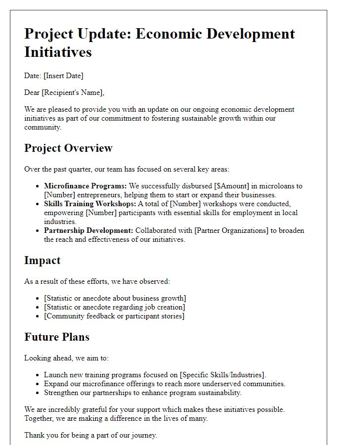 Letter template of NGO project update on economic development initiatives