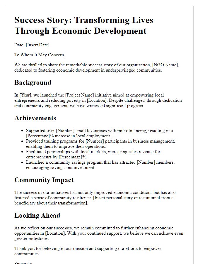 Letter template of NGO success story highlighting economic development achievements