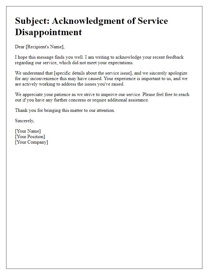 Letter template of acknowledgment for disappointing service results