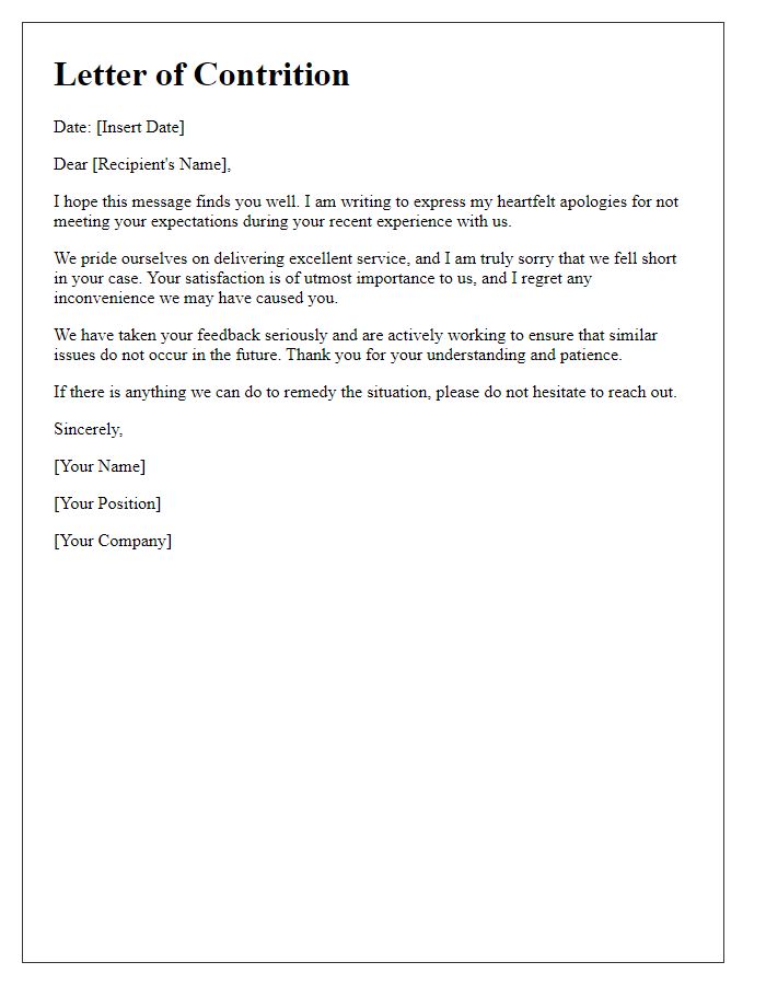 Letter template of contrition for not providing excellent service