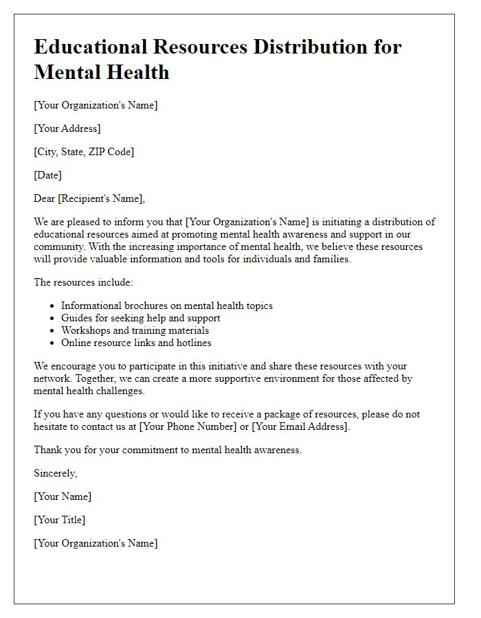 Letter template of Educational Resources Distribution for Mental Health