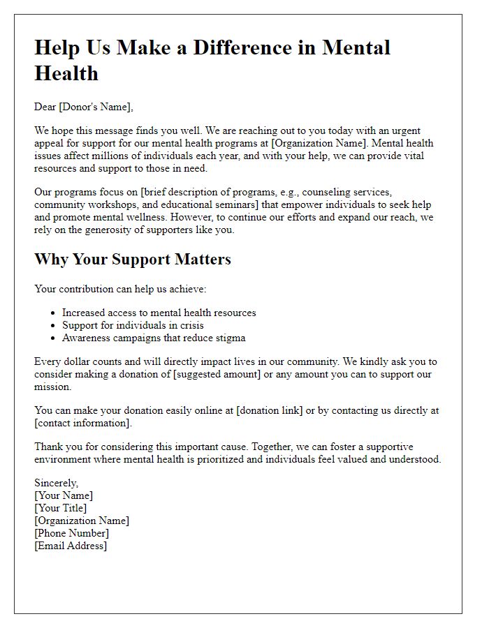 Letter template of Fundraising Appeal for Mental Health Programs