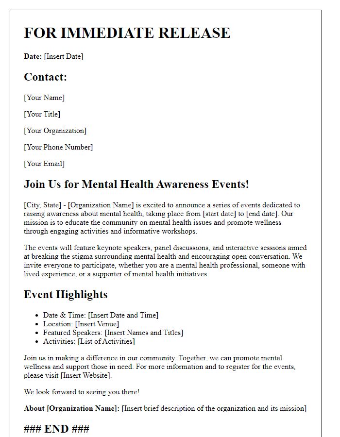 Letter template of Press Release for Mental Health Awareness Events