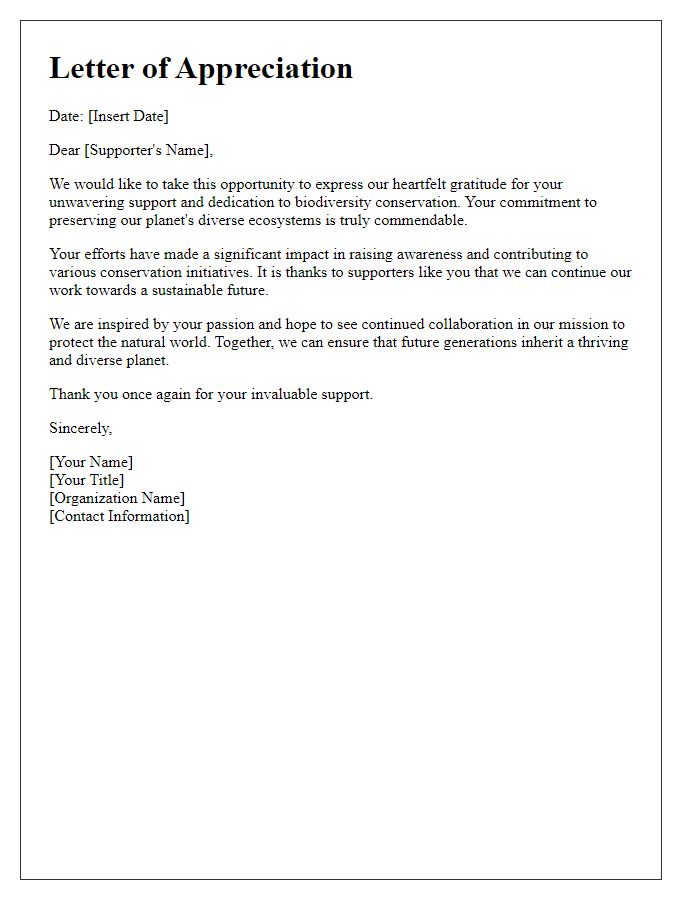 Letter template of appreciation for biodiversity conservation supporters