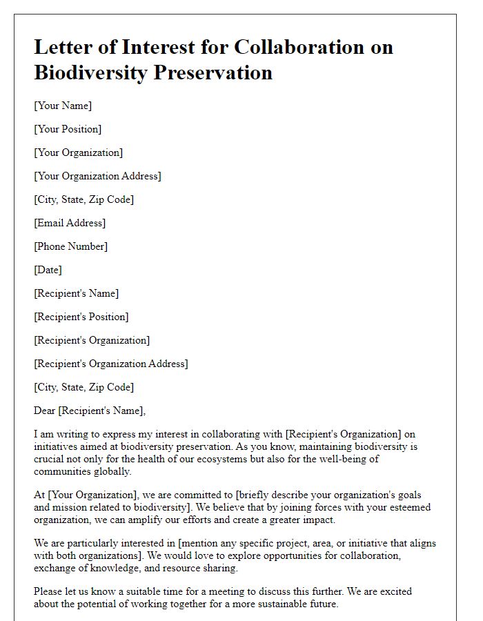 Letter template of collaboration interest for biodiversity preservation