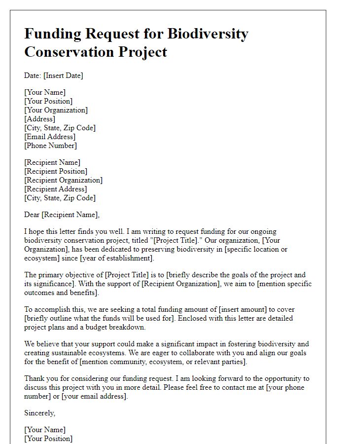 Letter template of funding request for biodiversity conservation project