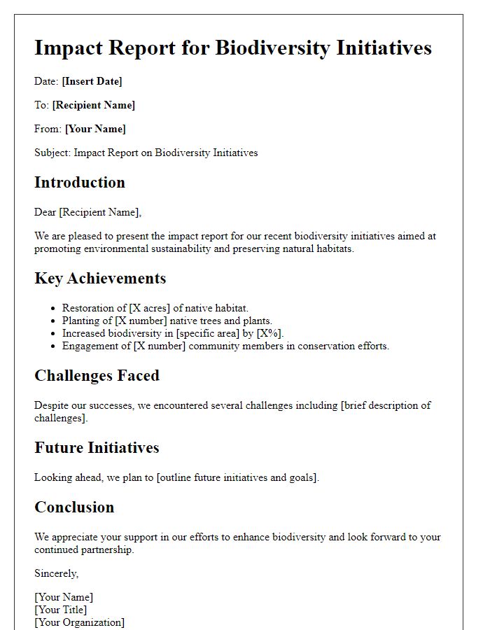 Letter template of impact report for biodiversity initiatives