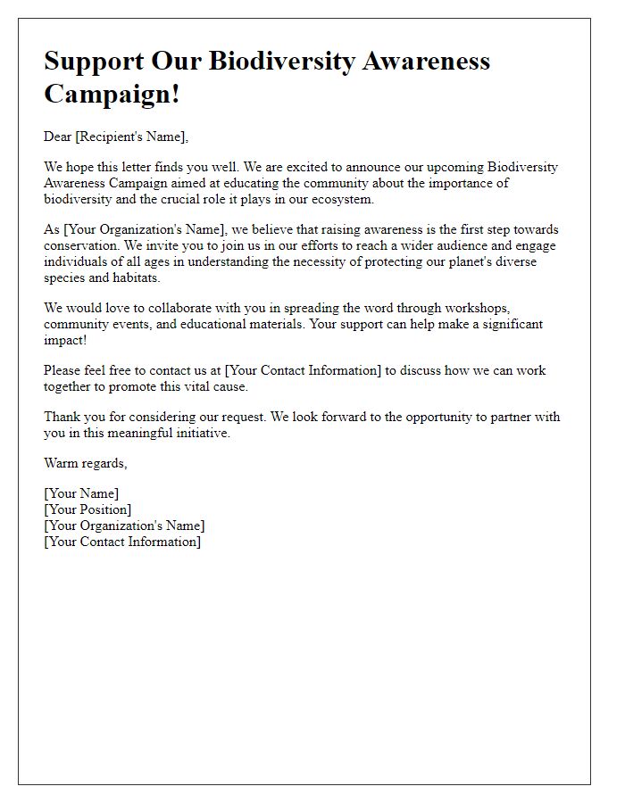 Letter template of outreach communication for biodiversity awareness campaign