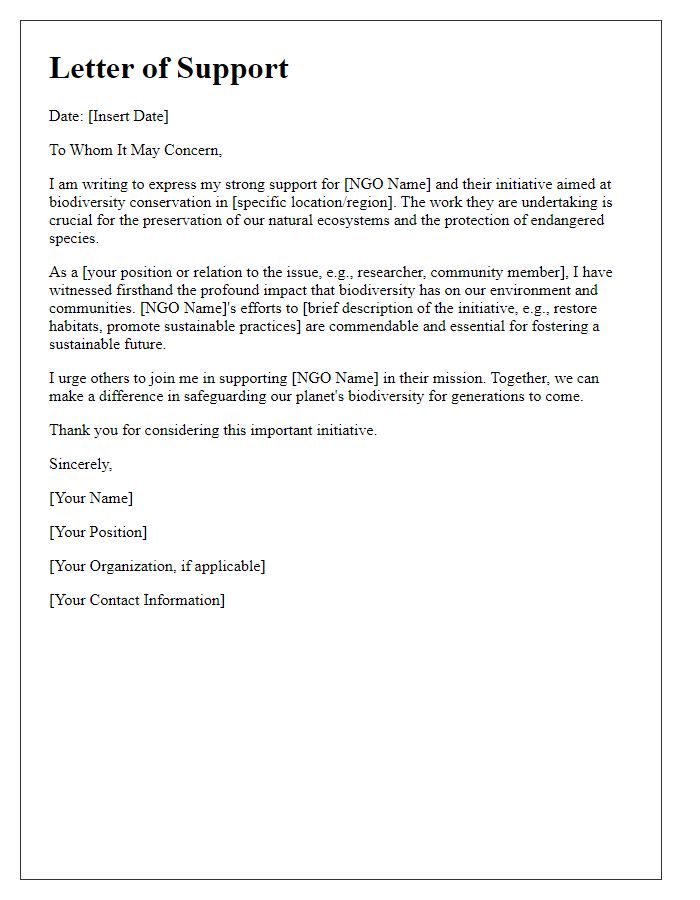 Letter template of support for NGO biodiversity conservation initiative