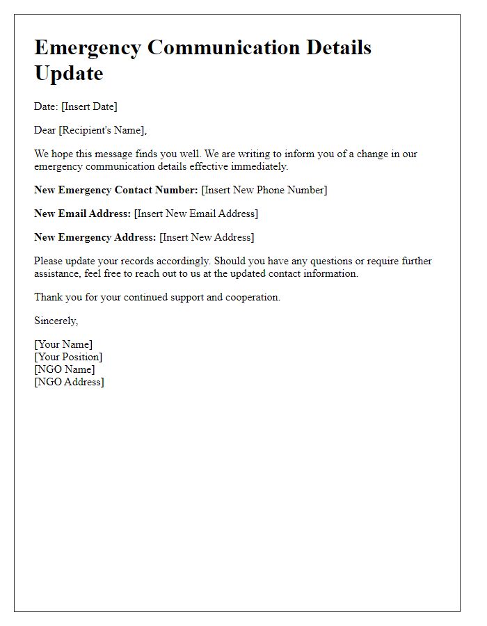 Letter template of NGO emergency communication details change