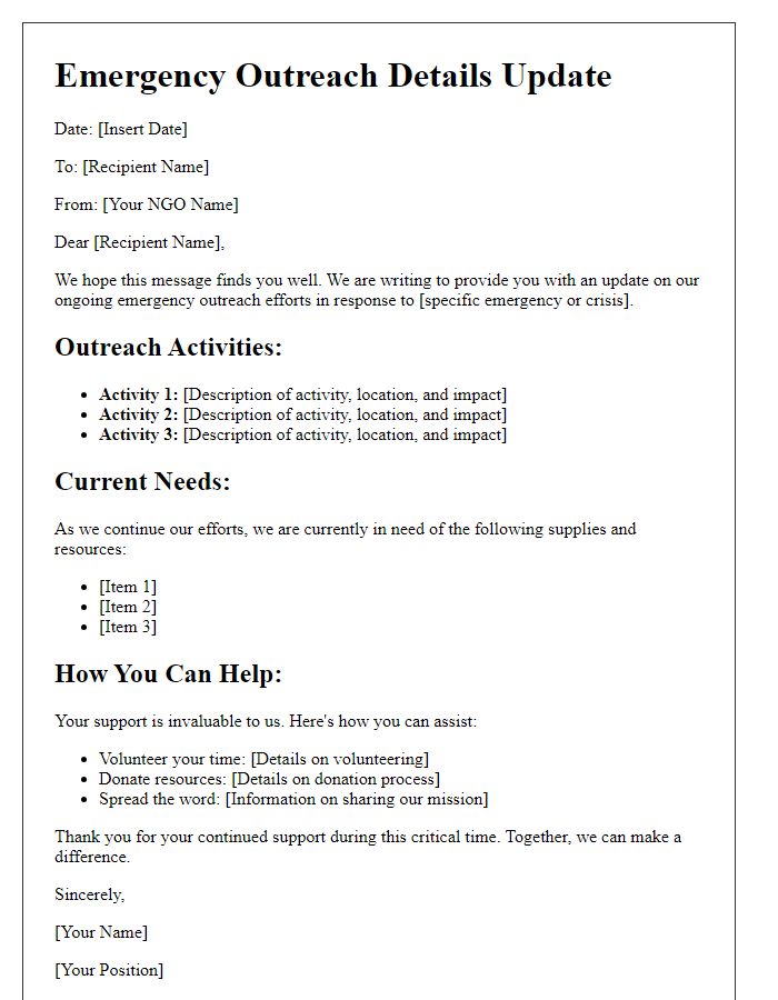 Letter template of NGO emergency outreach details update