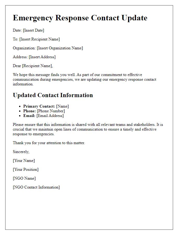 Letter template of NGO emergency response contact update