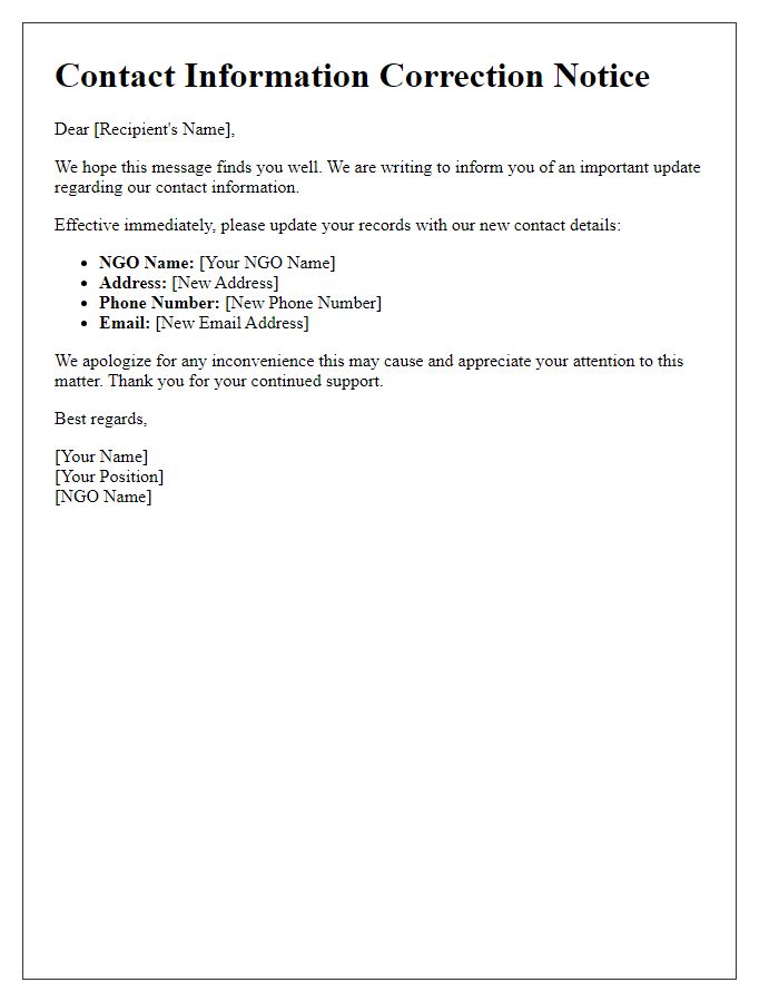 Letter template of NGO immediate contact info correction