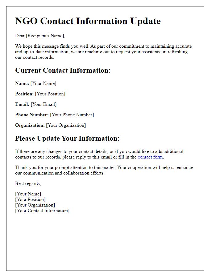 Letter template of NGO rapid contact information refresh