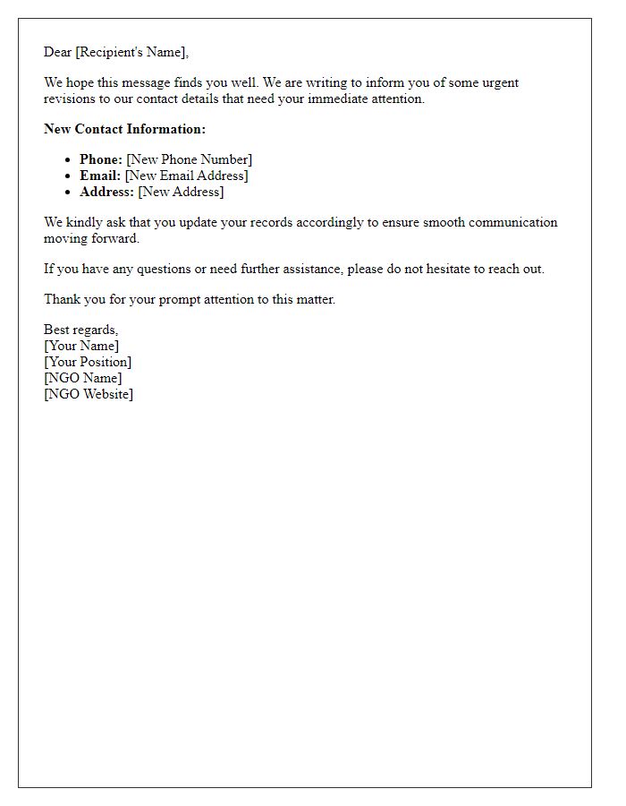 Letter template of NGO urgent contact details revision