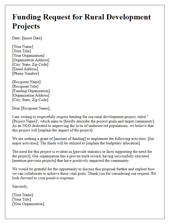 Letter template of funding request for rural development projects by NGOs