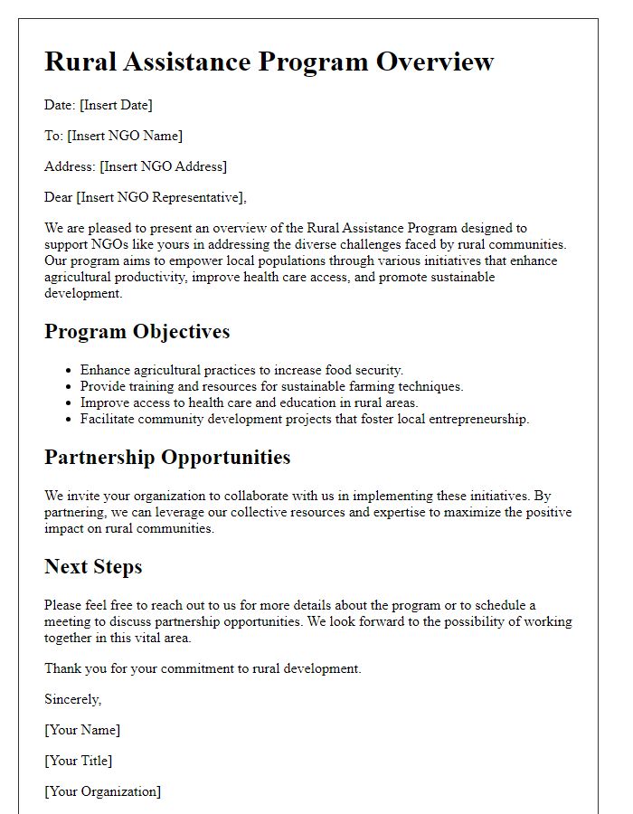 Letter template of rural assistance program overview for NGOs