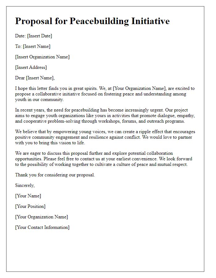 Letter template of a peacebuilding initiative proposal aimed at youth engagement organizations.