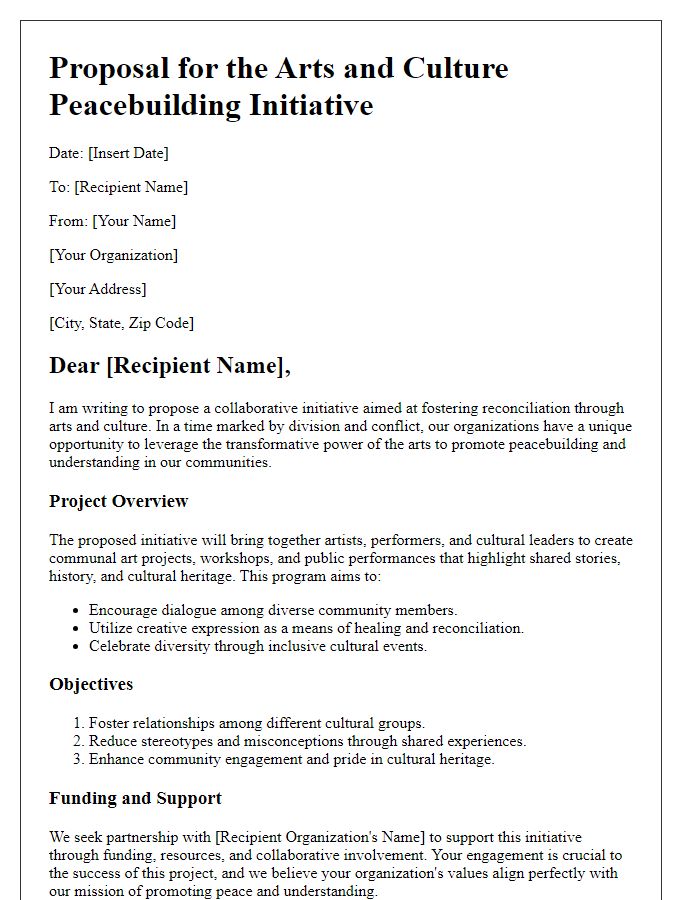 Letter template of a peacebuilding initiative proposal for arts and culture organizations fostering reconciliation.