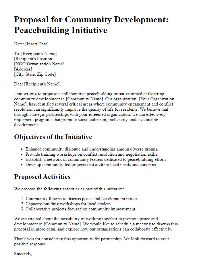 Letter template of a peacebuilding initiative proposal for community development NGOs.