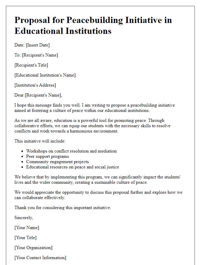 Letter template of a peacebuilding initiative proposal for educational institutions promoting peace.