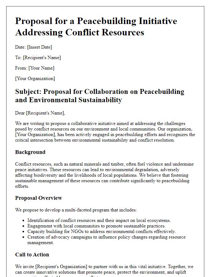 Letter template of a peacebuilding initiative proposal for environmental NGOs addressing conflict resources.