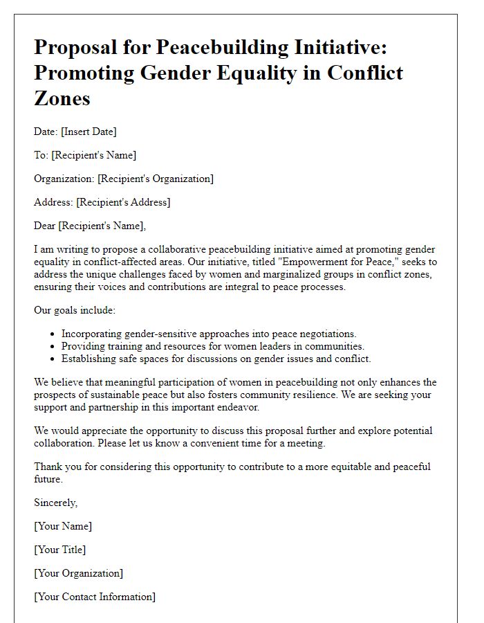 Letter template of a peacebuilding initiative proposal focusing on gender equality in conflict zones.