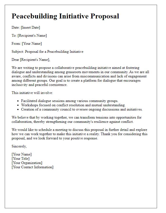 Letter template of a peacebuilding initiative proposal for grassroots movements advocating for dialogue.